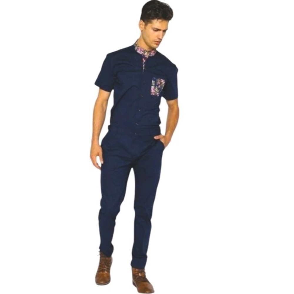 ROMPER JACK SHORT SLEEVE JUMPSUIT NAVY ROSE BLUE FLORAL TRIM JUMPERJACK LARGE